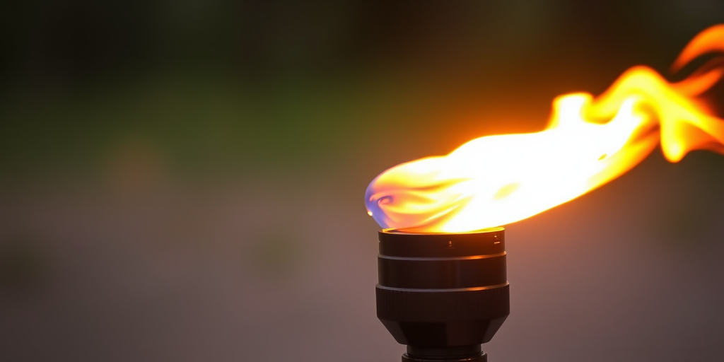 Generate a high-quality image of a torch with a vibrant flame, using a 50mm lens at f/2.8, ISO 100, with a slight vignette effect, on a full-frame DSLR camera, shot from a 45-degree angle to enhance depth.