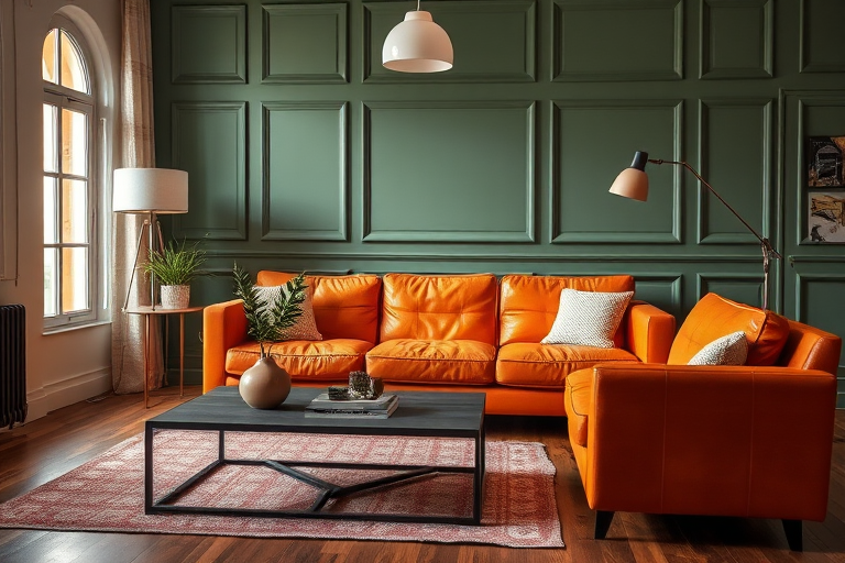 interior photo of a cozy living room featuring a stylish orange leather couch, a minimalist coffee table with a plant and decorative items, a green wall with elegant paneling, a floor lamp, and a pendant light, natural lighting, f/2.8 aperture, ISO 200, 35mm lens, shot in HDR style