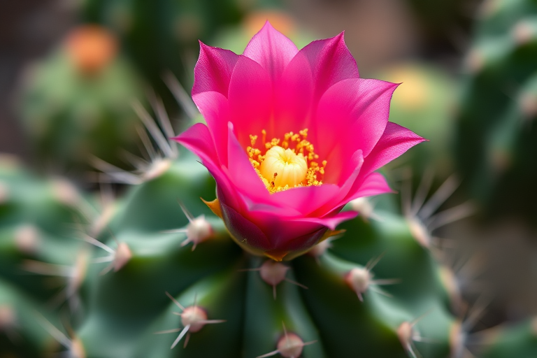 High-resolution close-up of a vibrant pink cactus flower on a green cactus with sharp spines, soft focus background, 50mm lens, aperture f/2.8, ISO 100, natural light, DSLR camera.
