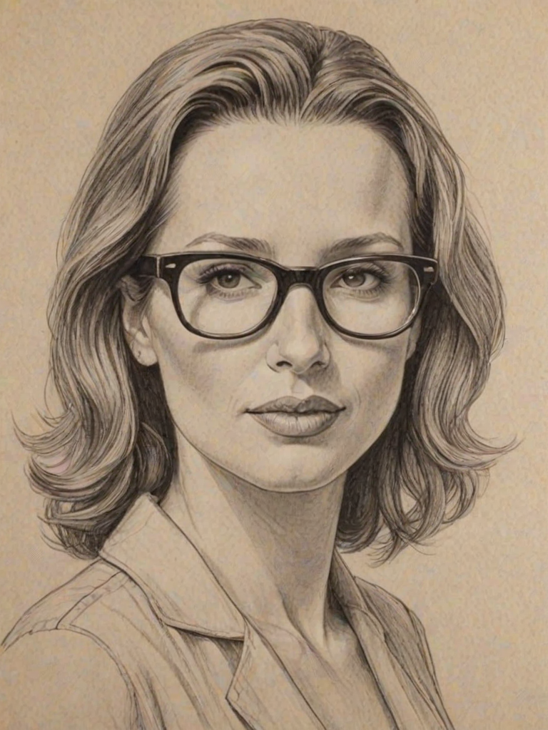Stunning Shawnee Smith, pencil sketch, portrait of Beauteous woman 1945s in glasses, hair style beatnik, outline, clear lines, fine lines, 8k