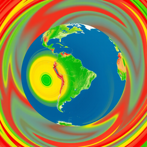 Create a vibrant illustration of a globe showing North and South America with swirling red, yellow, and green circular patterns around it, captured using a DSLR camera with a 50mm lens at f/1.8, ISO 100, and a shutter speed of 1/200 sec for sharpness and vivid colors.
