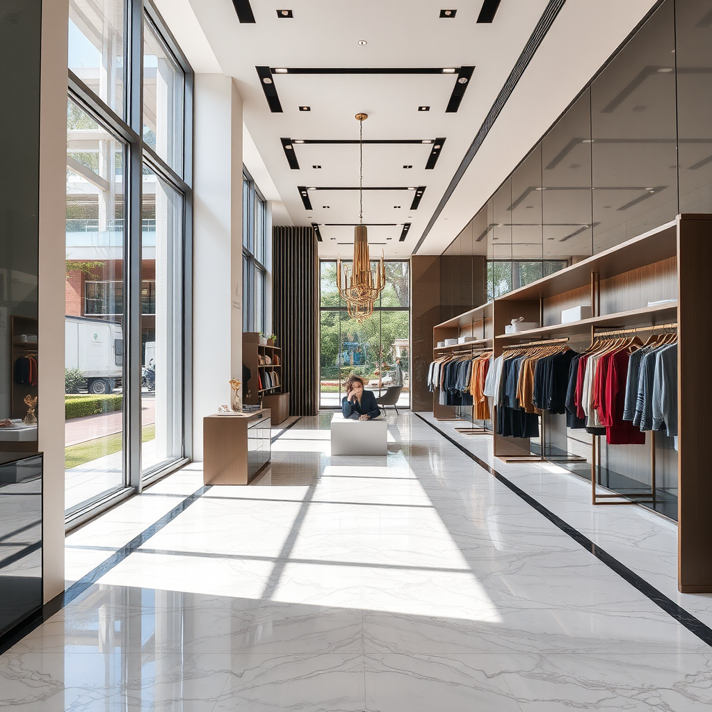 interior boutique design with modern decor, natural light flooding through large windows, polished marble floor, minimalist clothing displays, camera settings ISO 100, aperture f/11, shutter speed 1/60, camera view wide-angle, camera style HDR, camera type DSLR