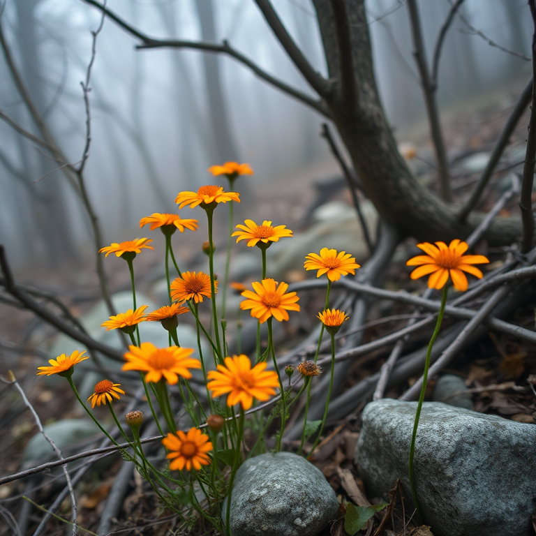 Regenerate an image of orange flowers amidst a misty forest with gray branches and stones, using a DSLR camera, 50mm lens, f/1.8 aperture, ISO 200, and a shallow depth of field for enhanced focus.