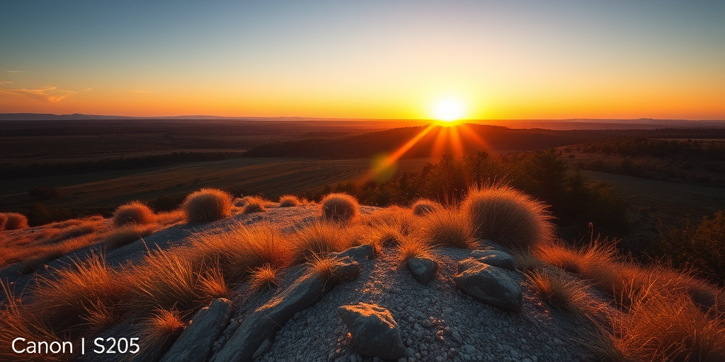 Capture a high-resolution landscape scene during golden hour with a Canon EOS R5, 24mm f/1.4 lens, ISO 100, f/8 aperture, 1/200 sec shutter speed, using a wide-angle view to emphasize depth and clarity while maintaining vibrant colors and fine detail.