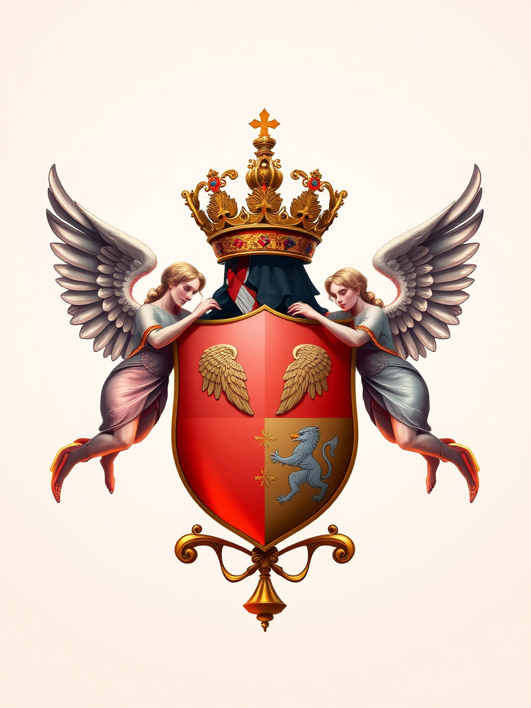 Create a high-resolution illustration of a coat of arms featuring two angels, with intricate details and vibrant colors, using a DSLR camera at f/8, ISO 100, 50mm lens, with a soft-focus background and studio lighting.