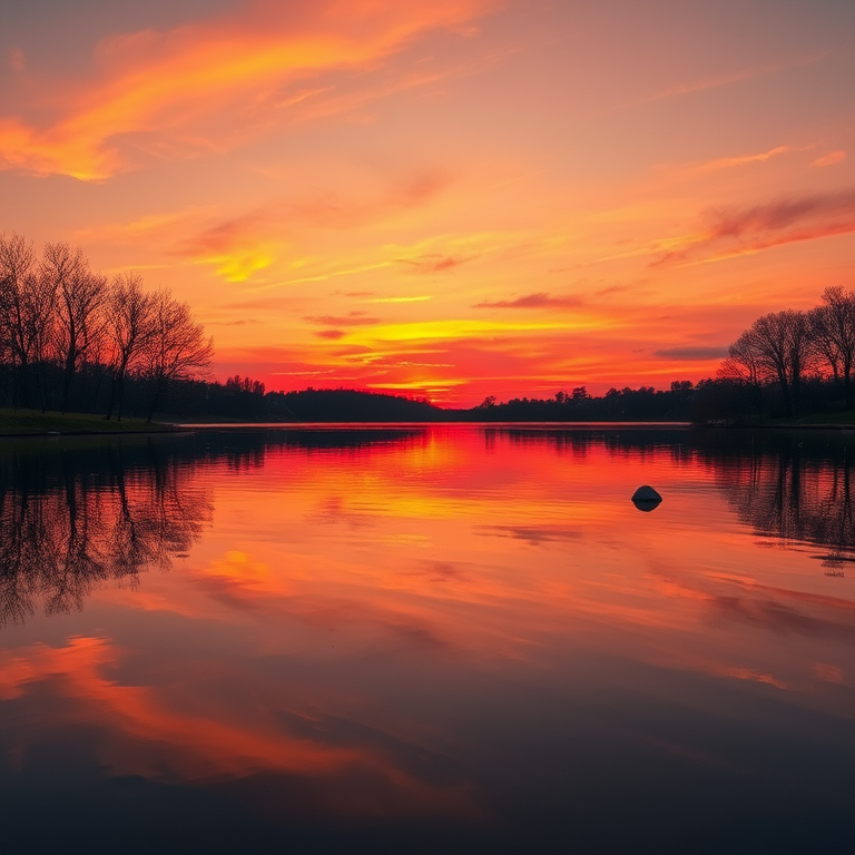 Generate a high-resolution image of a scenic sunset over a calm lake with vibrant colors, using a DSLR camera with a 50mm lens, aperture set to f/1.8, ISO 100, shutter speed 1/125 sec, capturing a wide-angle view to emphasize the reflection on the water.