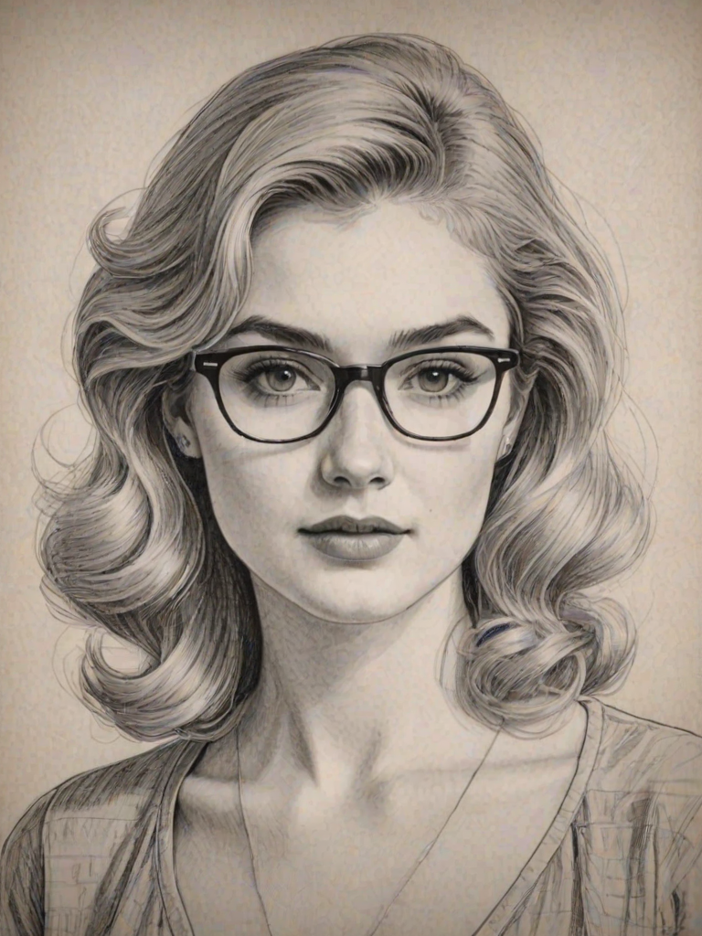 Pleasing Skyler Samuels, pencil sketch, portrait of Sublime woman 1951s in glasses, hair style beatnik, outline, clear lines, fine lines, 8k