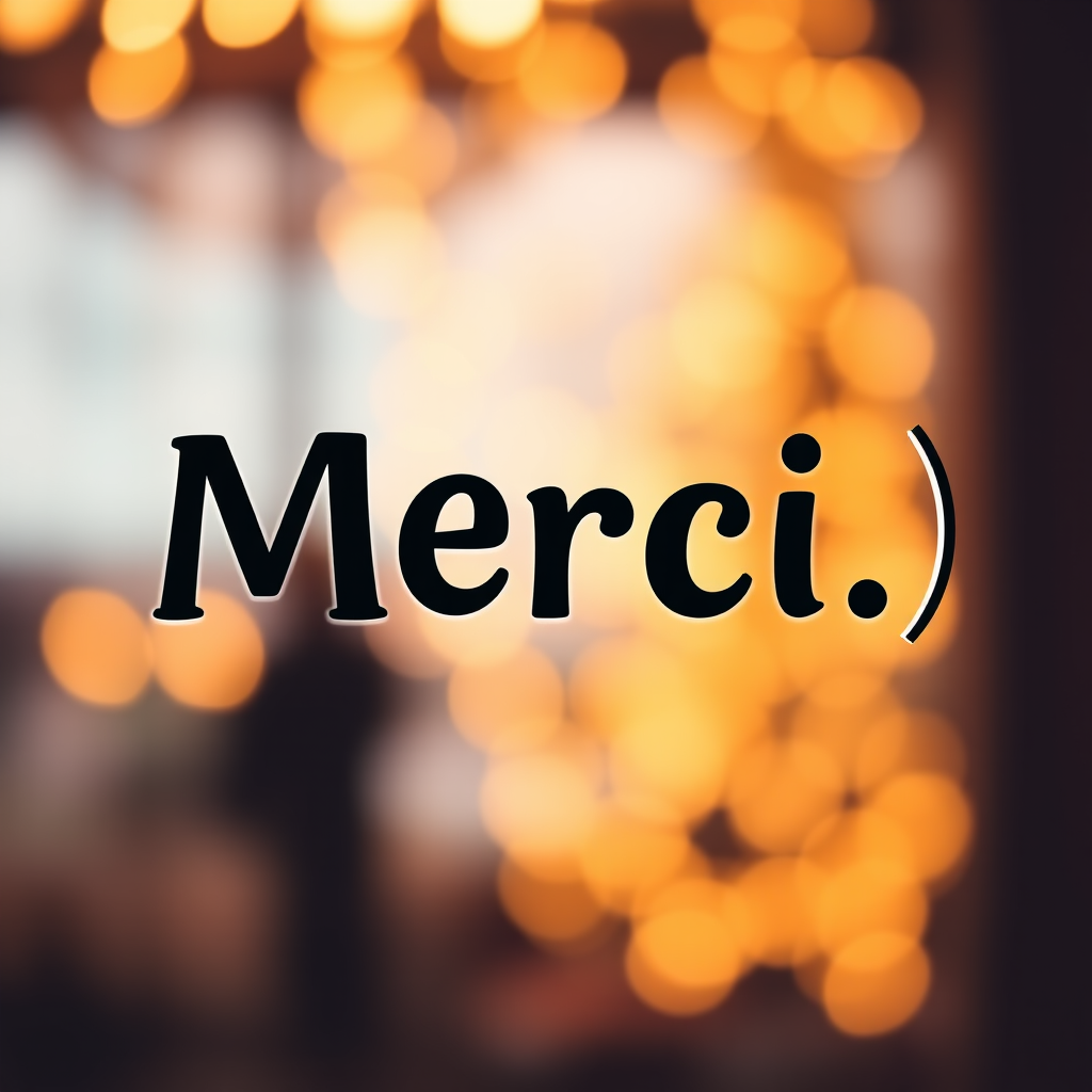 Create an image with the text "Merci :)" in bold, playful typography, set against a warm golden bokeh background, shot with a DSLR camera at f/2.8, 50mm lens, using a shallow depth of field for a soft focus effect.