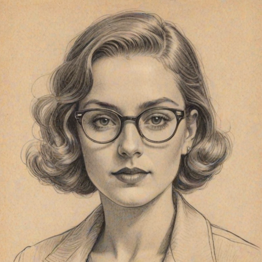Captivating Malin 'kerman, pencil sketch, portrait of Sublime woman 1935s in glasses, hair style beatnik, outline, clear lines, fine lines, 8k