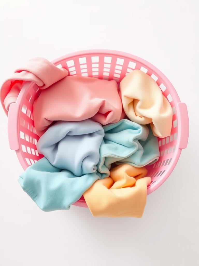 Create a vector illustration of a pink laundry basket filled with folded clothes in pastel colors, using a top-down view with soft lighting and a high-resolution camera at f/8 aperture, ISO 200, 50mm lens.