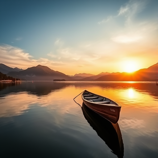 Capture a tranquil sunset over a calm lake with a single wooden boat in the foreground, golden sunlight reflecting on the water, mountains in the background; camera settings: f/11, ISO 100, 1/200s; camera view: landscape; camera style: HDR; camera type: digital DSLR.