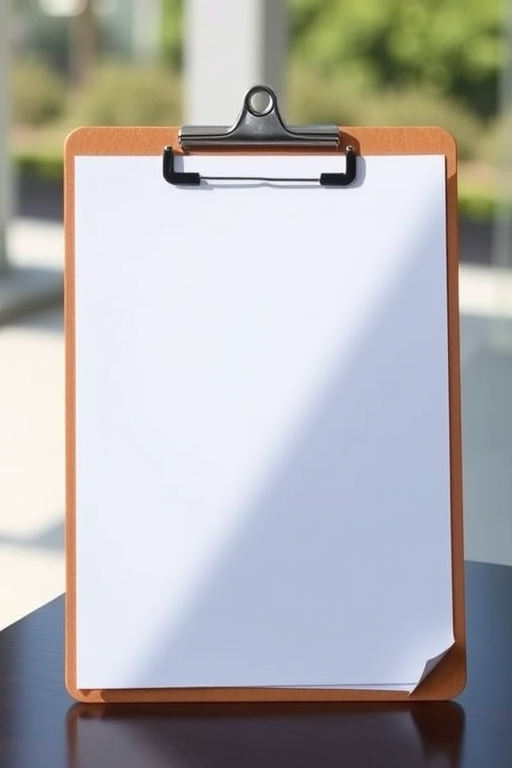 Create a high-resolution image of a blank clipboard with a slightly curled corner, captured in natural light, using a DSLR camera, 50mm lens, f/2.8 aperture, ISO 100, and a shallow depth of field to emphasize the clipboard while keeping the background softly out of focus.