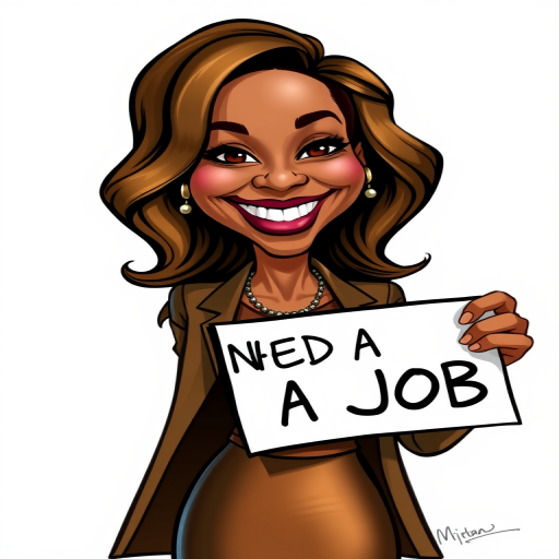 caricature of a smiling Michelle Williams in a Bronze dress or suit, holding up a sign that says "NEED A JOB", no watermark,