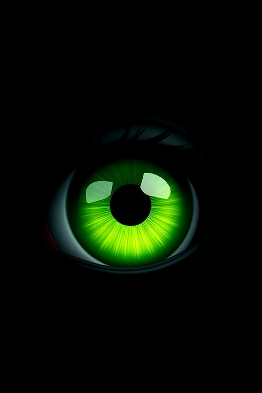 Create a highly detailed close-up of vivid green cartoon eyes with a glossy finish, set against a solid black background; use a DSLR camera with a 50mm lens at f/1.8, ISO 100, and a shutter speed of 1/200s, with natural lighting to enhance colors and depth.