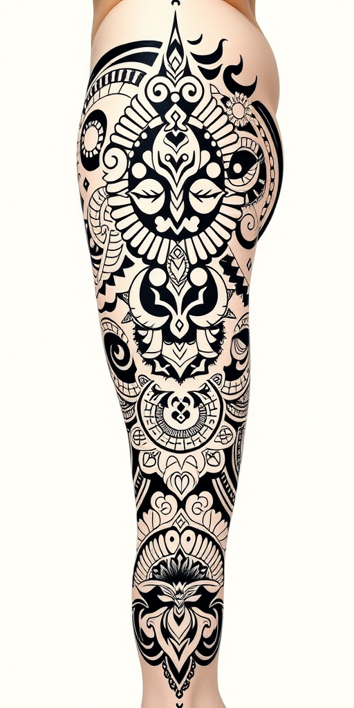 Elaborate Polynesian tribal tattoo extending from hip to ankle, showcasing intricate cultural patterns and symbols in bold black ink with negative space