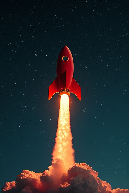 A retro-style rocket launching into a starry night sky, high resolution, 50mm lens, f/4 aperture, ISO 100, portrait view, digital camera, vibrant colors.