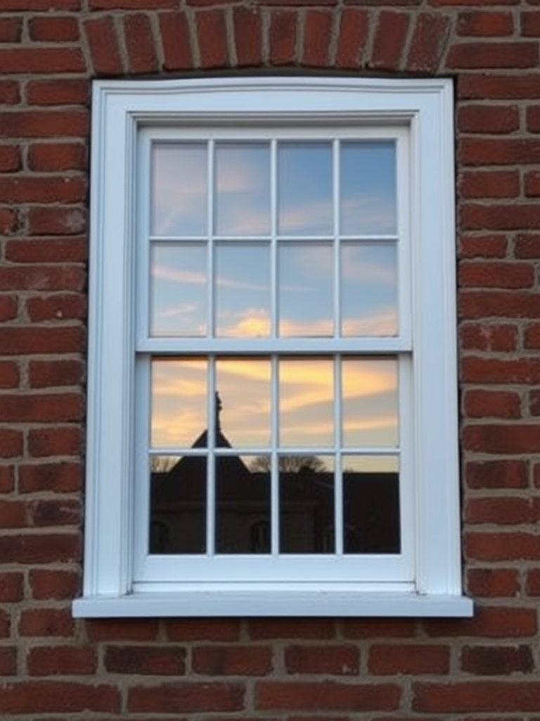 regenerate an image of a white-framed window set in a rustic red brick wall capturing the reflection of the sky, taken with a DSLR camera at 50mm, f/8 aperture, ISO 100, with a natural light evening setting for enhanced detail and contrast