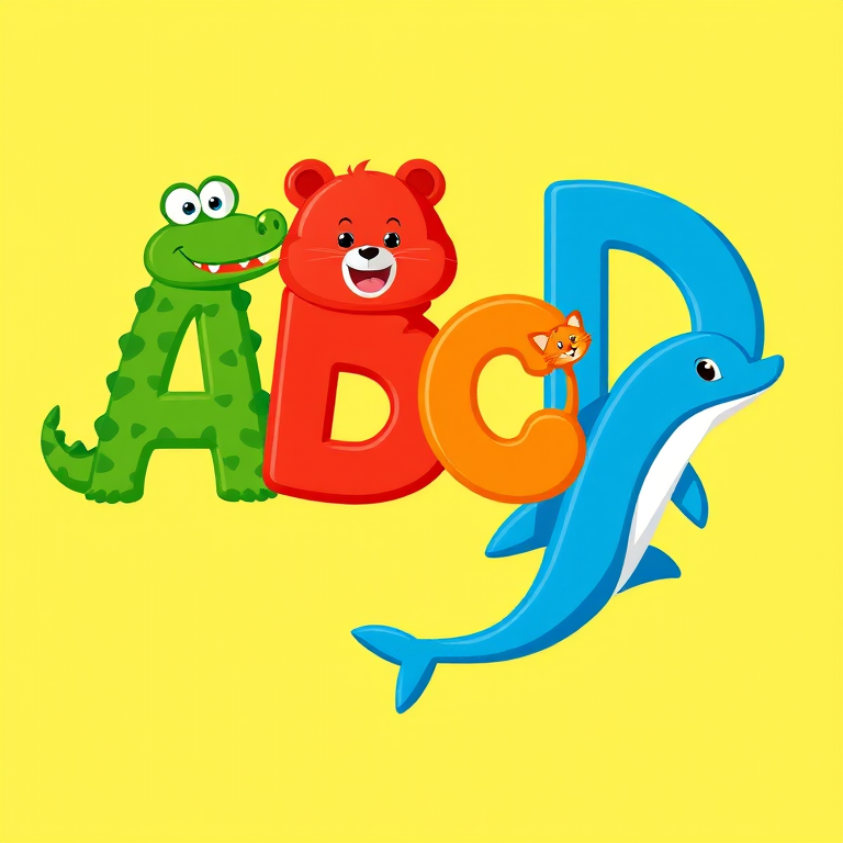 Create a colorful illustration featuring playful, cartoonish letters A, B, C, and D, each accompanied by a fun animal character: A with a green alligator, B with a red bear, C with an orange cat, and D with a blue dolphin, set against a vibrant yellow and blue backdrop, captured with a DSLR camera at f/8, ISO 100, 1/200 sec, in a studio setting with softbox lighting to enhance image quality.