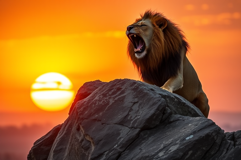 A majestic lion roaring atop a rocky outcrop with a vivid sunset in the background, captured with a Canon EOS R5, 85mm f/1.2 lens, ISO 100, f/11, 1/200s, in dramatic golden hour lighting for enhanced contrast and detail.