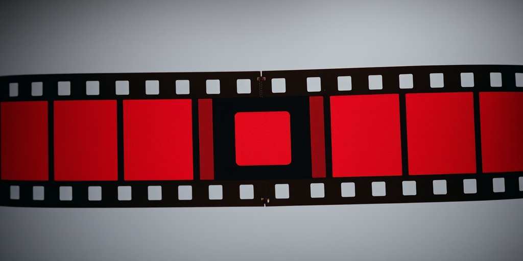 Create a high-resolution image of a stylized film strip featuring alternating red and black patterns with a central square design, captured with a DSLR camera at f/2.8, ISO 100, 24mm lens, shot from a low angle to enhance depth and contrast, using a soft focus effect for artistic flair.