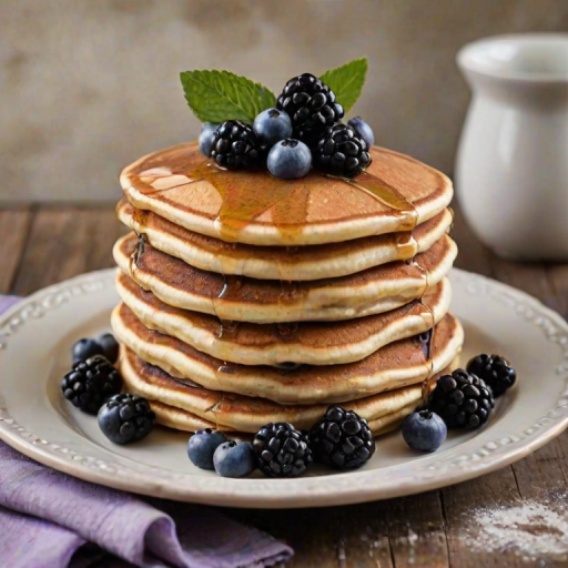 Create an image of a tall stack of pancakes layered with creamy filling, topped with fresh blueberries and blackberries. Decorate with small purple flowers and arrange some berries around the base on a rustic plate. Use a soft, muted background to enhance the colors of the pancakes and berries.