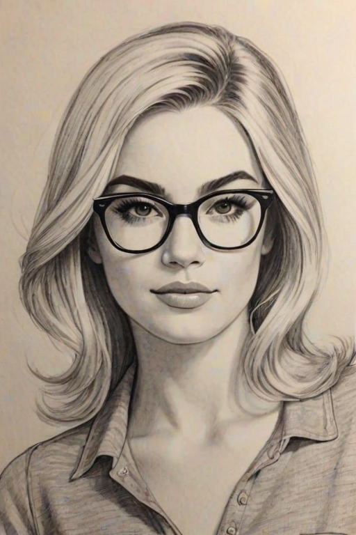 Charming Gabby Barrett, pencil sketch, portrait of Enticing woman 1963s in glasses, hair style beatnik, outline, clear lines, fine lines, 8k