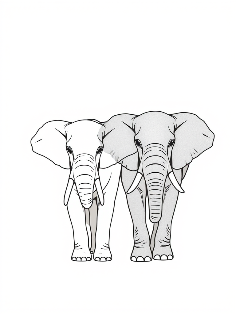 create a minimalist line drawing of two elephants, one light beige and one gray, on a plain white background, with soft shadows, taken with a Canon EOS R5, 50mm lens, f/1.8, ISO 100, in natural light for enhanced image quality.