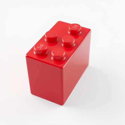 Create a 3D rendering of a red Lego brick with a smooth surface and clear reflections, positioned on a white background, using a DSLR camera with a 50mm lens at f/2.8 aperture, ISO 100, and a shutter speed of 1/125s, shot from a low angle to emphasize depth and texture.