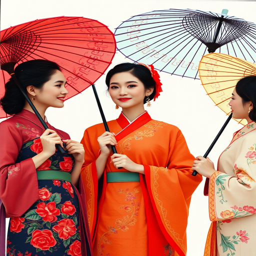 Regenerate a vibrant illustration of three women in traditional attire with ornate parasols, captured in soft focus using a vintage film camera, aperture f/4, ISO 100, at a 35mm lens, with a natural light setting to enhance colors and details.