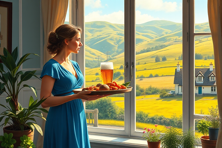 In "A Glass of Beer on the Highland," a serene scene is depicted in a sunlit room where a woman in a vibrant blue dress stands by a large window. She holds a tray with a hearty meal and a frothy glass of beer, embodying a moment of relaxation. Outside, the breathtaking highland landscape features rolling green hills and a charming traditional house, all bathed in warm afternoon light. The interior is adorned with potted plants, creating a harmonious blend of comfort and nature. The painting beautifully captures the tranquility and joy found in simple pleasures amidst stunning scenery