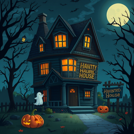 Create an illustration of a spooky haunted house at night with a cartoonish style, featuring a ghost, a pumpkin, and a sign that says "Haunted House," captured using a wide-angle lens at f/5.6, ISO 200, with a soft focus effect to enhance colors and details.