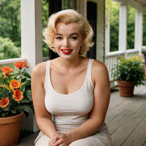 A photo of Marilyn Monroe with a background of a cozy porch. She has dark hair pulled back in an updo, with tendrils framing her face. She wears a white tank top and sits on the porch. The porch is part of a well-lit home with a warm, earthy tone and colorful flowers and foliage. The overall scene has a warm, welcoming, and comfortable ambiance.