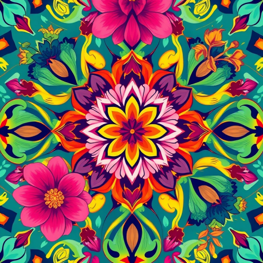 Create a vivid floral pattern with vibrant colors and intricate designs, using a high-resolution camera with a 50mm lens at f/2.8, ISO 100, 1/60 sec shutter speed, top-down view, digital illustration style.