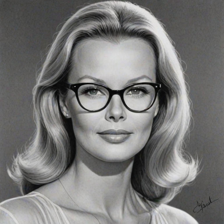 Delightful Cheryl Ladd, pencil sketch, portrait of Delightful woman 1951s in glasses, hair style beatnik, outline, clear lines, fine lines, 8k