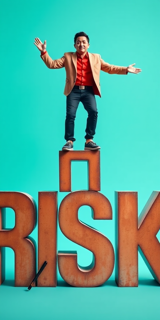 Create an image of a person balancing on the letters "RISK" with a solid turquoise background, use a DSLR camera with a 50mm lens, aperture f/1.8, ISO 100, shutter speed 1/250s, in a front view perspective, with vibrant colors and sharp details.