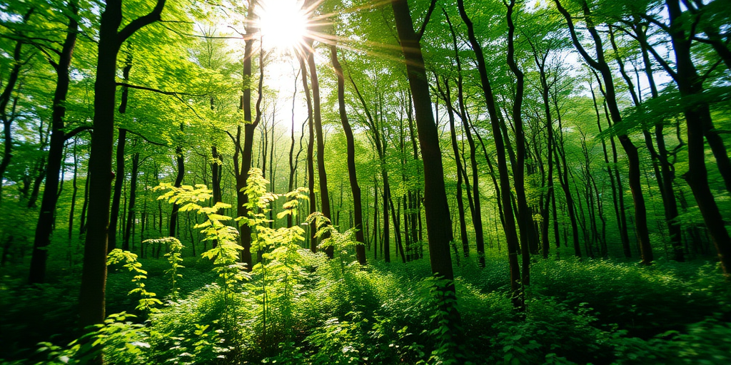 Generate a high-resolution image of a serene forest scene with lush greenery and sunlight filtering through the trees, captured with a DSLR camera at 50mm focal length, aperture f/2.8, ISO 200, and a slight tilt-shift effect to enhance depth of field.