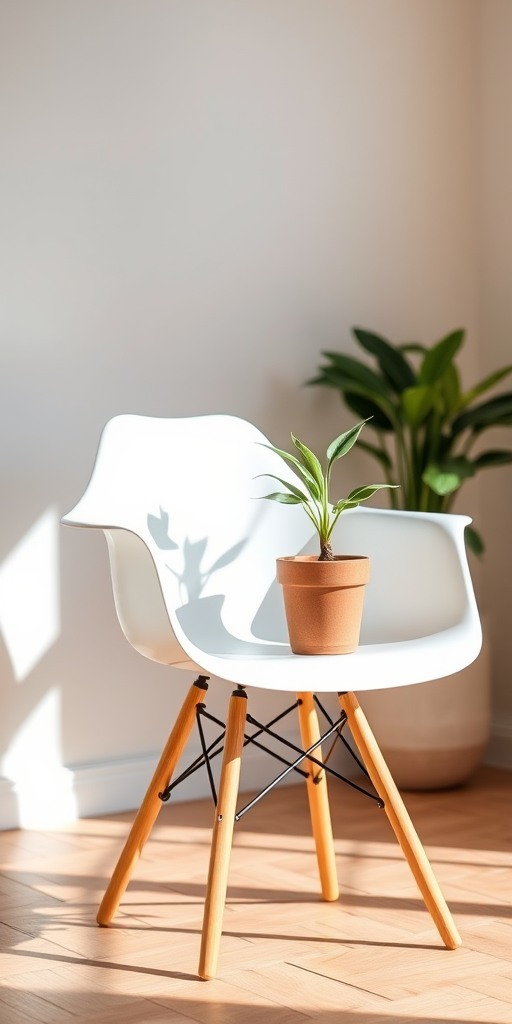 a modern white chair with wooden legs holding a small potted plant, minimalist style, soft natural lighting, depth of field effect, captured with a DSLR camera at f/2.8, 50mm lens, ISO 100, shutter speed 1/200s, side angle view