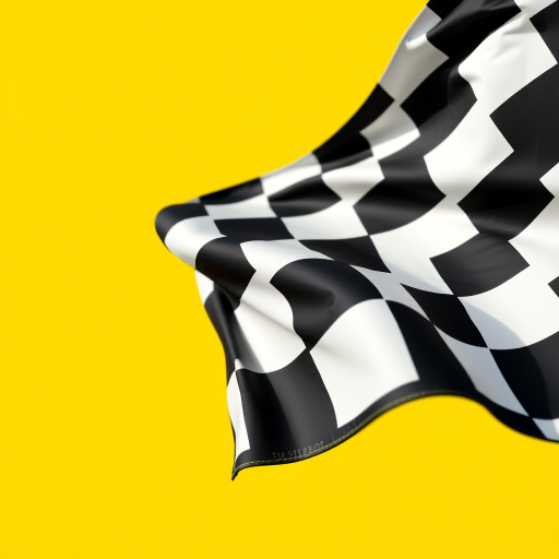 Create a vibrant image of a checkered racing flag against a bright yellow background, shot with a DSLR camera at f/8, ISO 100, 1/250s, using a wide-angle lens from a slightly elevated angle to enhance depth and clarity.