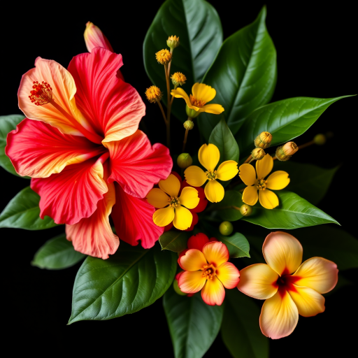 Create a vibrant floral arrangement featuring hibiscus, yellow wildflowers, and tropical leaves on a black background, captured with a Canon EOS 5D Mark IV at aperture f/2.8, ISO 100, 50mm lens, in natural light for enhanced detail and color saturation.