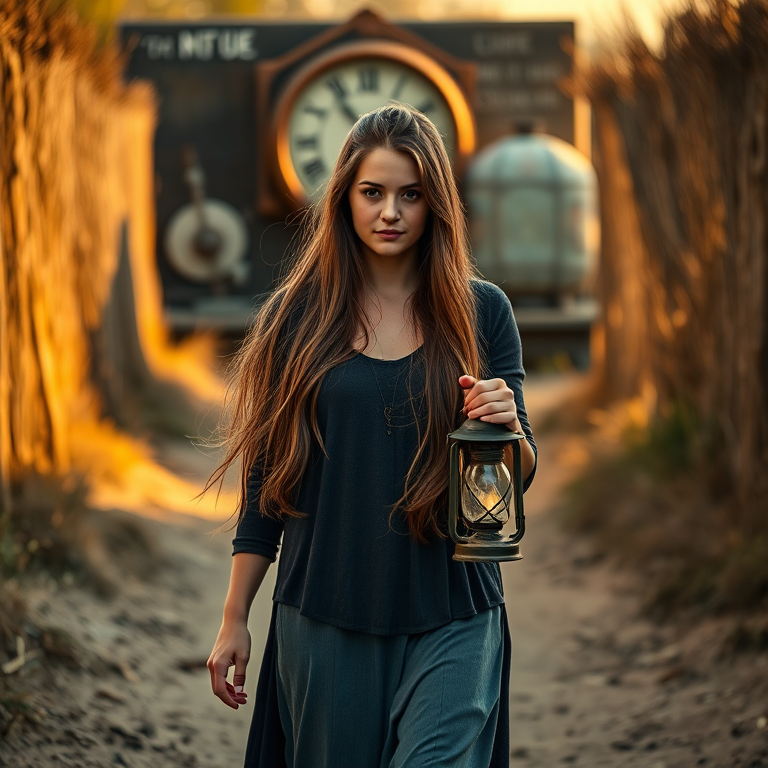 A young woman with long hair walking down a dusty path, holding a lantern, with a vintage clock and faded text in the background, shot with a Canon EOS 5D Mark IV, 50mm lens, aperture f/1.8, ISO 100, golden hour lighting, soft focus style.
