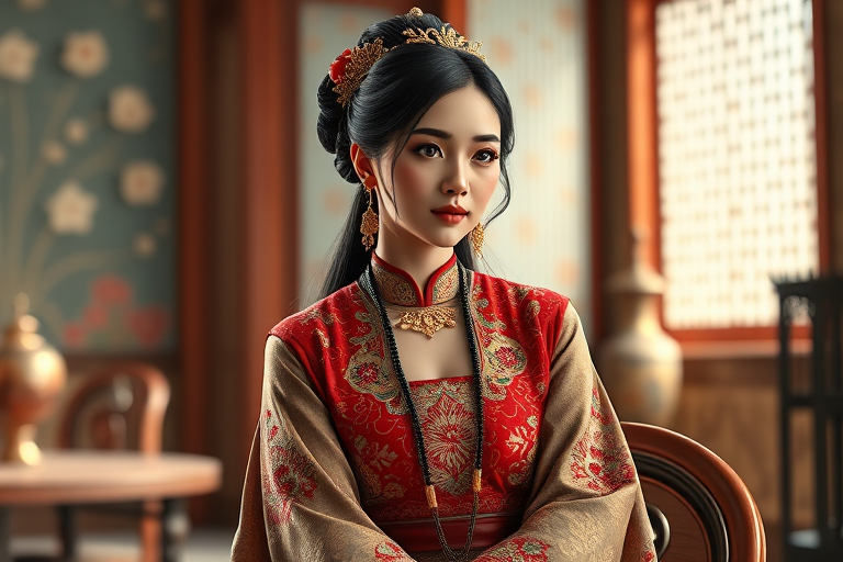 A beautiful Turkish woman in traditional East Asian attire, intricately detailed with embroidered patterns, sitting gracefully in a richly decorated room, soft ambient lighting, serene and elegant, ultra-realistic, 8K resolution