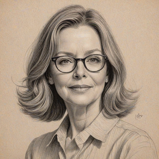 Pleasing Diane Keaton, pencil sketch, portrait of Resplendent woman 1939s in glasses, hair style beatnik, outline, clear lines, fine lines, 8k