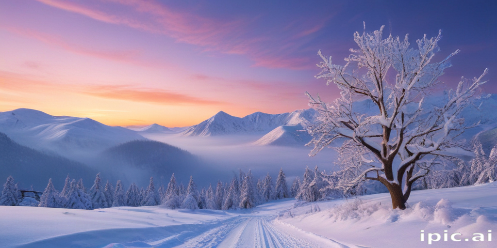Serene Winter Landscape at Dawn with Snow-Covered Mountains and Trees