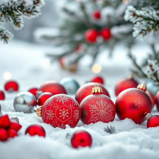 Generate an image of a winter scene featuring a snowy landscape with various Christmas ornaments. Include red and silver baubles, some with intricate patterns, scattered among a fluffy layer of snow. In the background, add frosted pine branches and a soft, blurred, wintry atmosphere with gentle bokeh effects.