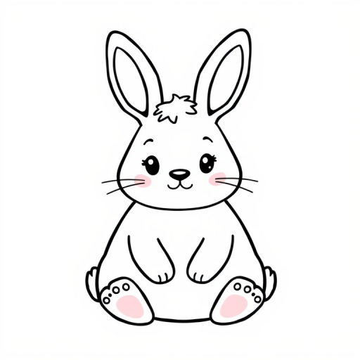 Create a cute cartoon bunny with a round body and small ears sitting down its face should have a simple expression with small eyes and a tiny mouth the outline should be bold and black on a white background