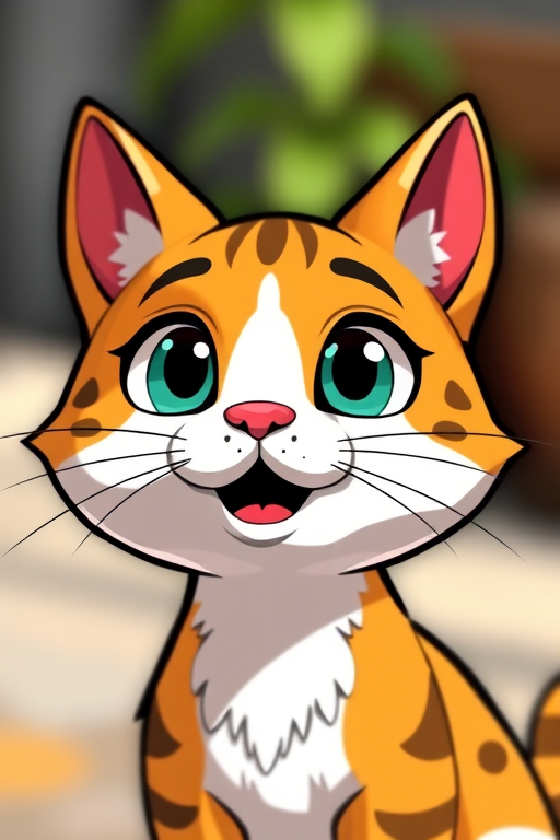 Capture a detailed, high-resolution image of a stylized cartoon cat, using a DSLR camera with a 50mm lens, aperture set to f/1.8, ISO 100, natural lighting, with a shallow depth of field and vibrant colors.