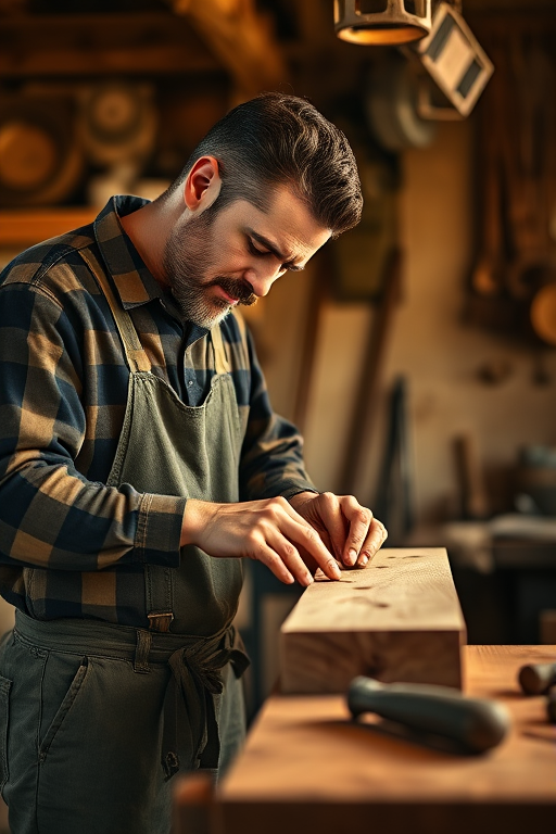 A skilled carpenter meticulously shaping wood in a rustic workshop, warm lighting highlighting the details of the wood and tools, depth of field effect; captured with a Canon EOS R5, 50mm lens, f/1.8 aperture, ISO 200, 1/125 sec shutter speed.