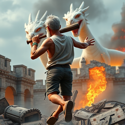 Cartoon 3D High-Resolution,dynamic battle scene using Unreal Engine 5 and Octane Render. The scene features back of an elderly, thai man with a beard,messy hair and round golden-rimmed glasses. He is wearing a tattered tank top with soot marks, shorts, and sandals. sweating. he wields a baseball bat. He jump to fight with a white fire-breathing Europe dragon amidst a partially destroyed stone castle. Include intense flames, smoke, and debris to enhance the dramatic effect.