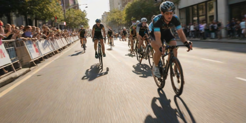Blurry action shot of a group of cyclists racing down a city street, soft sunlight reflecting off their helmets and chrome handlebars, with onlookers cheering from the sidewalk.