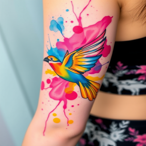 Vibrant watercolor splash tattoo named "Chromatic Cascade" featuring a swirling blend of cerulean blue, magenta, and sunflower yellow hues, creating an abstract representation of a tropical bird in flight, with delicate linework outlining the bird's form amidst the colorful chaos, suitable for placement on the upper arm or back
